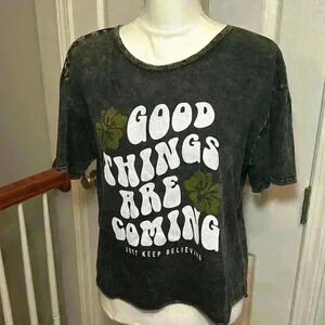 Caution to the Wind Graphic Black Distressed T-Shirt 100% Cotton Women Sz Medium